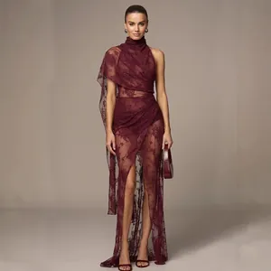 Women Sexy Burgundy Lace Maxi Dress High Neck Sleeveless Bodycon High Split Dress Sheer Vacation Party Night Club Wear