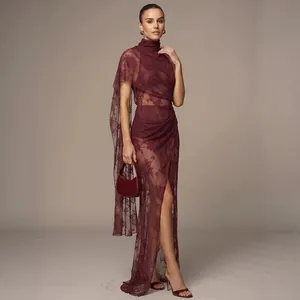 Elegant burgundy floral lace maxi dress featuring a high neck and daring side slit detail