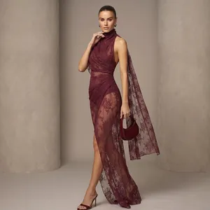 Sophisticated wine red sheer lace maxi dress with high neck and side slit for vacation