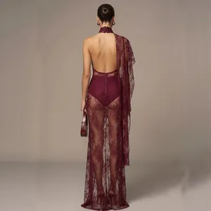 Elegant wine red floral lace backless long dress featuring a bodysuit-style lining detail