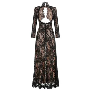 Detailed back view of a sexy black floral lace maxi dress with elegant open back cutout