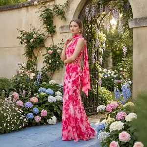 Vestido largo floral rosa vibrante con lazos en el cuello para estilo boho de verano