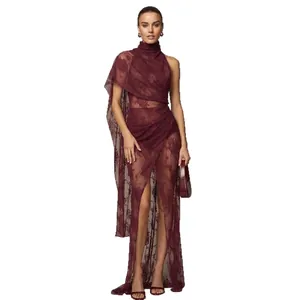 Elegant wine red lace bodycon maxi dress with high slit and cape sleeve.