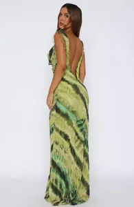 Vestido largo de tirantes verde tie-dye elegante con un diseño sexy de espalda abierta