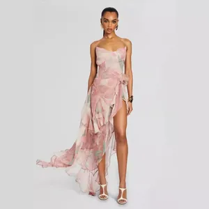 Women Floral Print Spaghetti Strap Backless Slit Midi Dress Sexy Ruffle Hem Polyester Vacation Party Slip Dress
