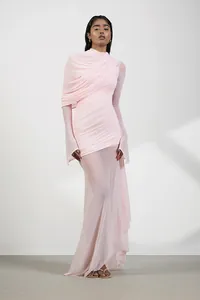 Elegant fairy pink irregular high neck mesh dress with ruched details and French style.