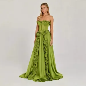 Vestido Maxi de Noche Verde Elegante de Estilo Francés para Mujer Bordado Volantes Sin Tirantes Línea A Banquete Fiesta Largo