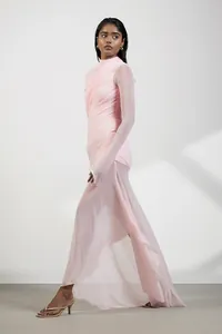 Elegant detailed view of fairy pink high-neck mesh splicing dress with irregular hemline