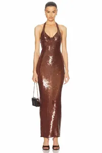 Sexy dunkelbraunes Pailletten-Maxikleid mit Neckholder und elegantem rückenfreiem Design für Damen