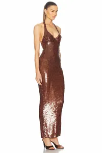 Elegantes dunkelbraunes Pailletten-Maxikleid mit Neckholder und rückenfreiem Design