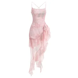 Front view of pink floral spaghetti strap dress with layered ruffled asymmetrical hem