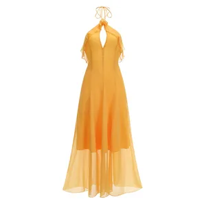 Vestido Largo con Cuello Halter y Volantes para Mujer Elegante Vestido de Noche de Gasa Amarillo Color Sólido Verano Fiesta