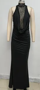 Elegant black halter lace patchwork evening dress featuring a deep V neck and pleated details