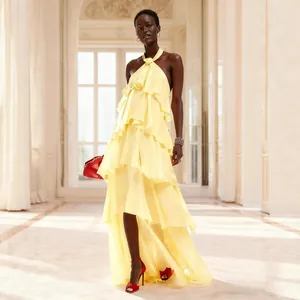 Vestido Largo Sexy para Mujer Cuello Halter Espalda al Aire Volantes Escalonados Dobladillo Irregular Amarillo Sin Mangas
