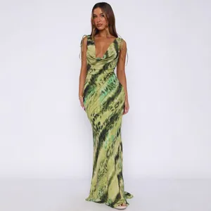Vestido Maxi Estampado Sexy con Cuello en V Profundo y Espalda al Aire para Mujer Sin Mangas Verano Playa Vacaciones Bohemio Ajustado Largo