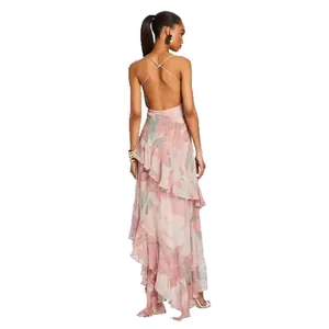Floral print backless maxi dress with cross straps and ruffle hem for summer fashion