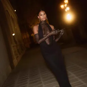 Sexy black halter lace patchwork evening dress with deep V-neck and matching gloves