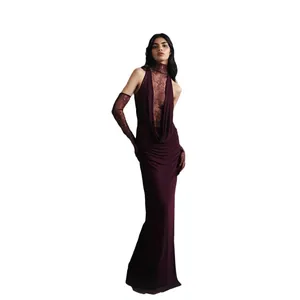 Elegant burgundy halter neck lace patchwork evening dress with a deep V-neck and gloves