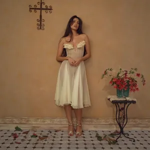 Elegante Franse stijl crème jurk met spaghettibandjes, 3D-bloemendetail en gelaagde rok