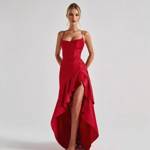 Vestido Largo de Satén Sexy con Espalda Descubierta y Tirantes Finos para Mujer Dobladillo Asimétrico con Volantes Vestido de Fiesta Elegante