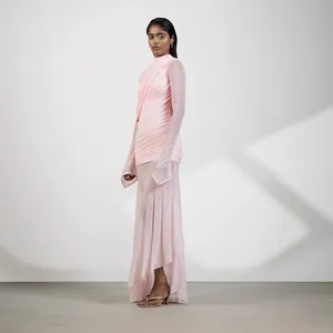 Fairy pink irregular high-neck draped dress with mesh splicing and elegant ruching