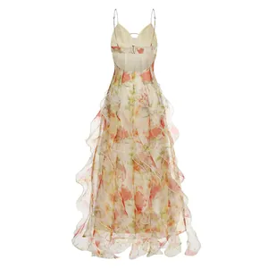 Detailed back view of a French floral spaghetti strap maxi dress with ruffled layers