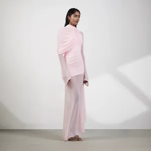 Elegant fairy pink irregular long dress featuring high neck draped mesh design and French style