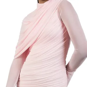Elegant fairy pink asymmetrical high-neck mesh sleeve dress with pleated draping detail