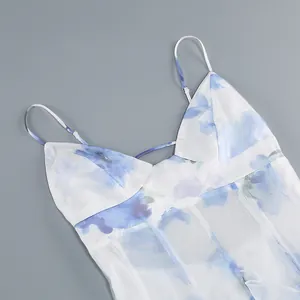 Close-up of floral print camisole dress with delicate spaghetti straps and V-neck