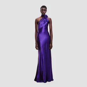 Vestido Maxi de Satén con Cuello Halter para Mujer Flores 3D Elegante Espalda Descubierta Cintura Alta Vestido de Noche Fiesta Boda