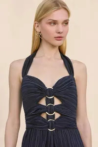 Elegant navy blue pleated halter neck evening dress featuring gold ring details on chest