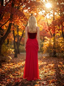 Elegante vestido de noche largo rojo sin espalda para eventos formales en bosque otoñal