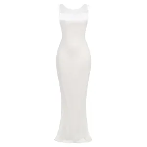 Elegant white satin maxi evening gown featuring a slim fit design and fishtail hem