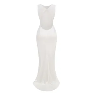 Elegant back view detail showing circular cutout of white backless satin evening gown