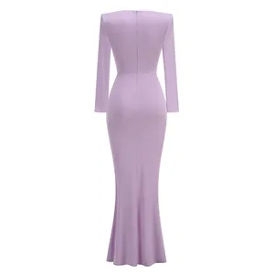 Elegante vestido de noche sirena lavanda de manga larga con detalle de cremallera
