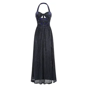 Elegant navy blue pleated halter evening gown with chest cutouts and high leg slit detail