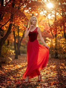 Elegante vestido de noche de terciopelo rojo con falda larga de gasa en el bosque