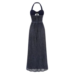 Back view of an elegant deep blue pleated halter neck dress for formal evening events