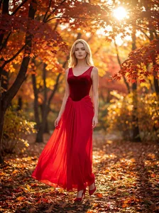 Elegante vestido de noche rojo sin mangas con falda vaporosa en un parque otoñal