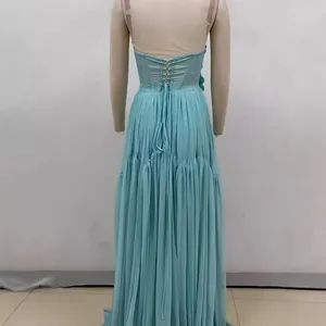 Elegant light blue backless lace-up corset dress with pleated floor-length skirt