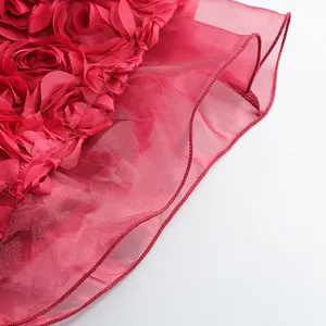 Detalle de cerca de los apliques de rosas rojas en 3D y el dobladillo de malla del vestido