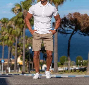 Close-up detail of a white vertical ribbed short-sleeve polo shirt for men in summer