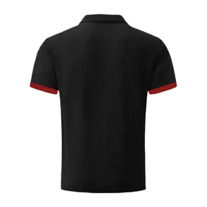 Back view of a textured black men's polo shirt featuring vibrant red trim on short sleeves