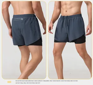 Front and back detail view of men's quick-dry double-layer breathable sports shorts