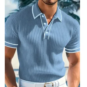 Macro view of light blue men's polo shirt featuring ribbed texture and white trims.