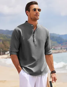 Detail of grey men's waffle texture shirt with stand collar and half-placket buttons