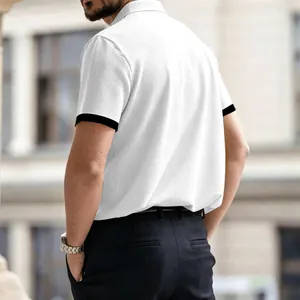 Back view of a white breathable ice silk men's polo shirt with black cuff details.