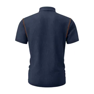 Back view of a navy blue breathable ice silk polo shirt featuring waffle texture