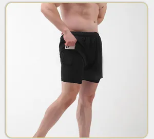 Detail view of men's quick-dry running shorts with a built-in phone pocket on inner layer