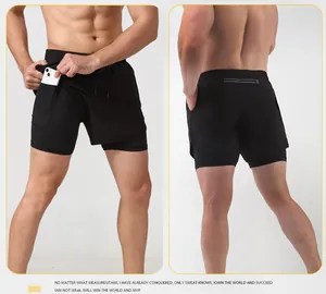 Detail view of men's black double-layer quick-dry running shorts with inner phone pocket